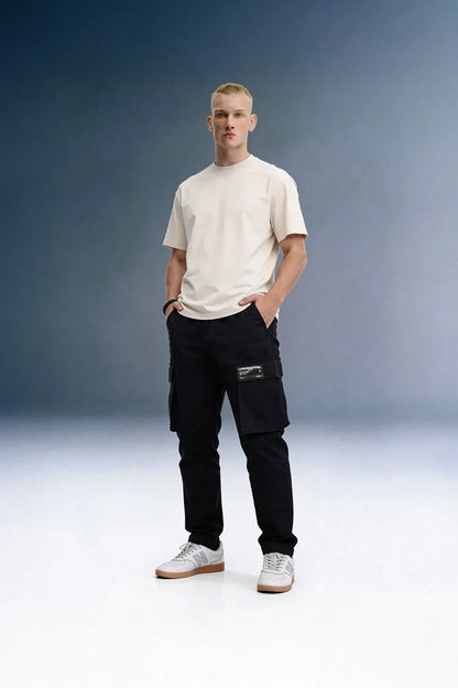 Black Drawstring Regular Fit Men's Cargo - Mid rise