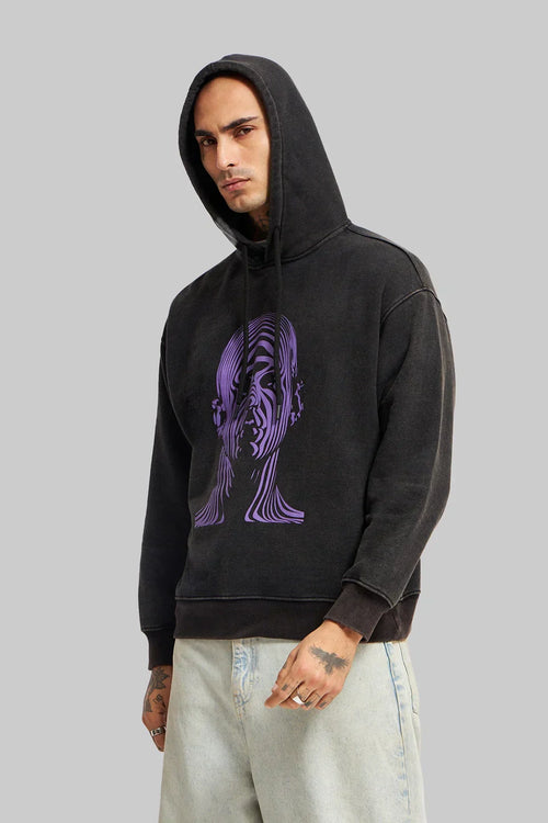Acid Washed Black Printed Hoodie