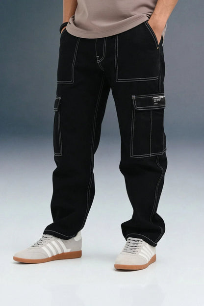 Black 6-Pocket Cargo Jeans for Men - Mid Rise Regular Fit