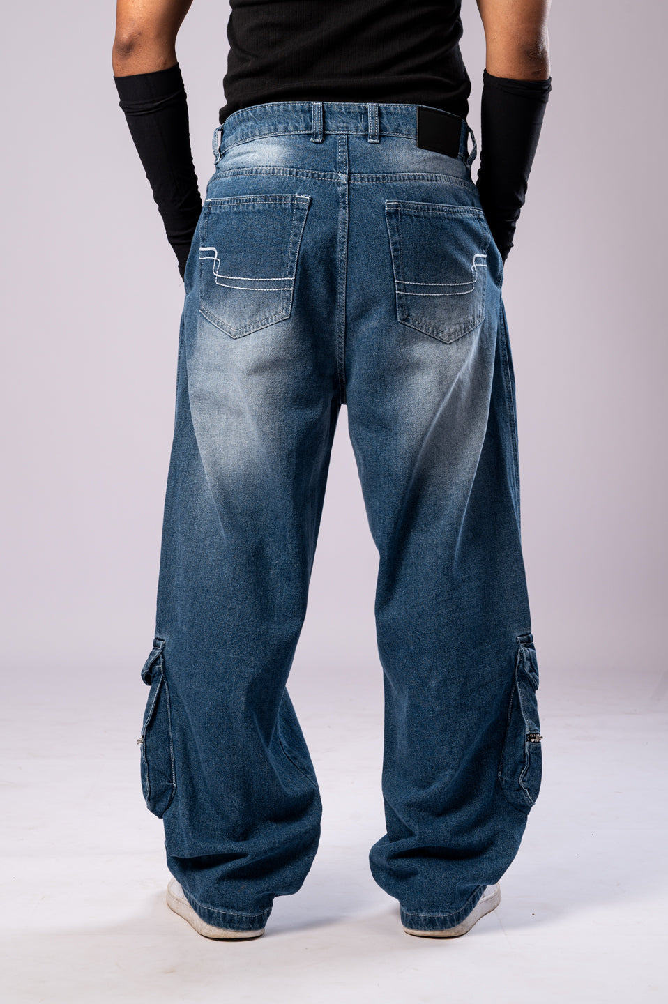 Faded Blue 8-Pocket Baggy Cargo Jeans for Men