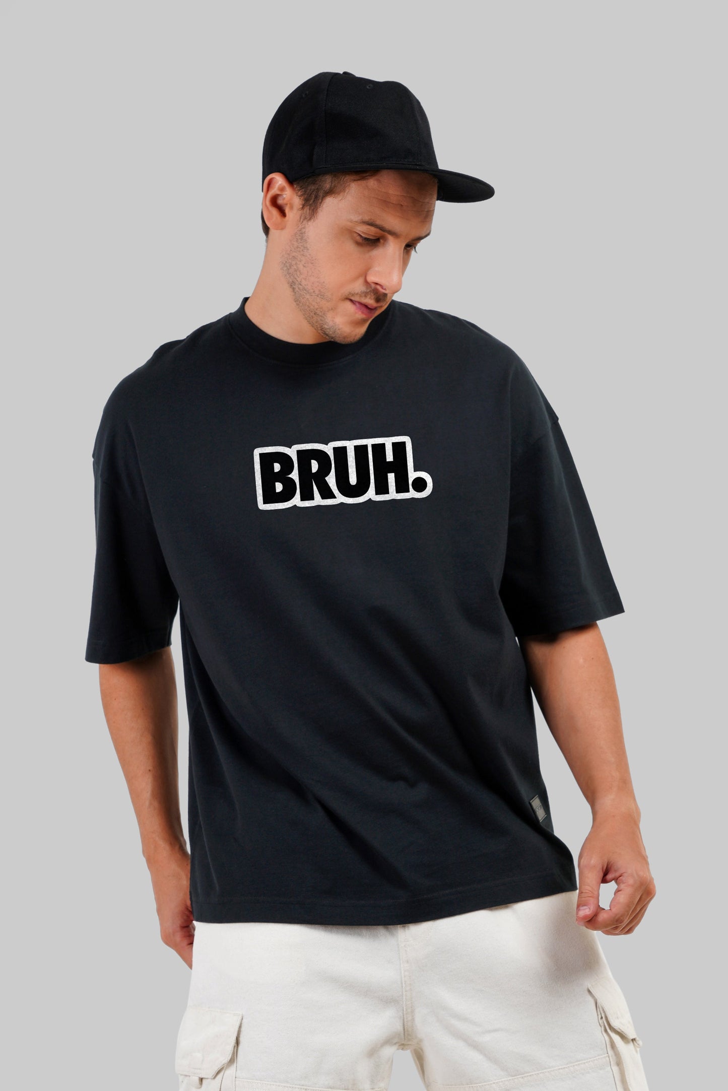 Bruh Typographic Black Baggy Fit T-Shirt Men