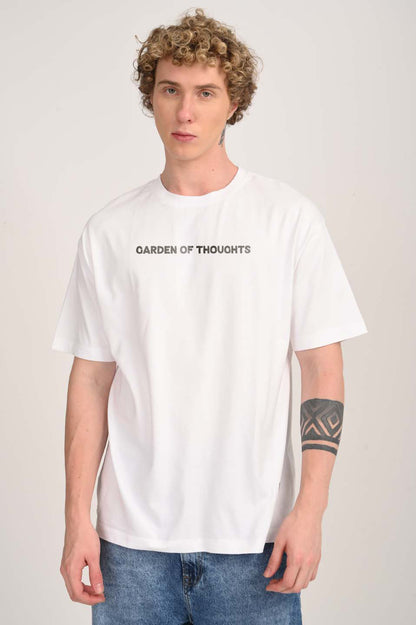 Garden of Thoughts Botanical Print White Oversized Fit T-Shirt Men