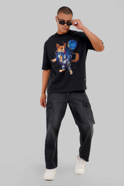 Space Dog Black Baggy Fit T-Shirt Men