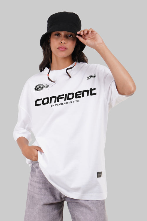 Confident Typographic White Baggy Fit T-Shirt Women