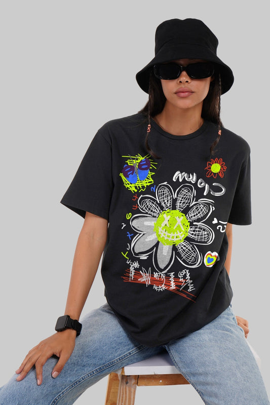 Chalk Flower Black Boyfriend Fit T-Shirt Women