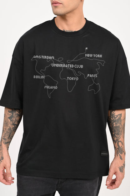 World Map Travel Black Baggy Fit T-Shirt Men